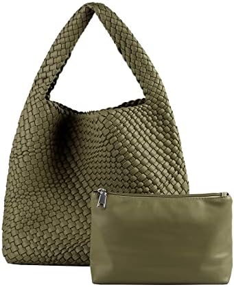 LMKIDS Women Vegan Leather Hand-Woven Tote Handbag Fashion Shoulder Top-handle Bag All-Match Underarm Bag with Purse