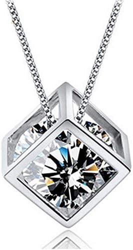 3MNSCD Sterling Silver Necklace Cube Pendant 2 Colors Zircon 18inches Box Chain Pendant Platinum Plated