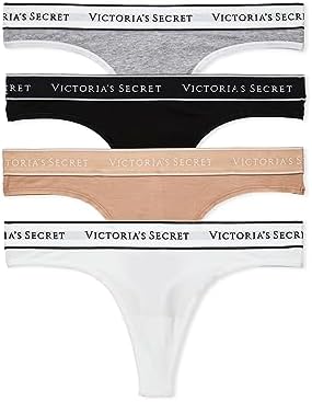 Victoria's Secret Cotton Logo Thong Panty Pack, Underwear for Women, 4 Pack, Multicolor (S)