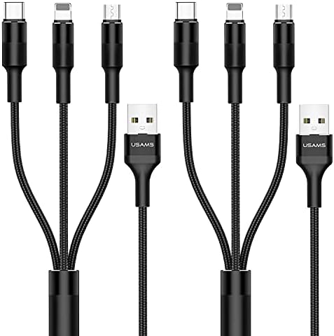USAMS [2 Pack Multi Charging Cable, 3 in 1 Nylon Braided Multi USB Cable Multiple Charger Fast Charging Cord Compatible with Most Smart Phones & Pads - 5ft/ Black