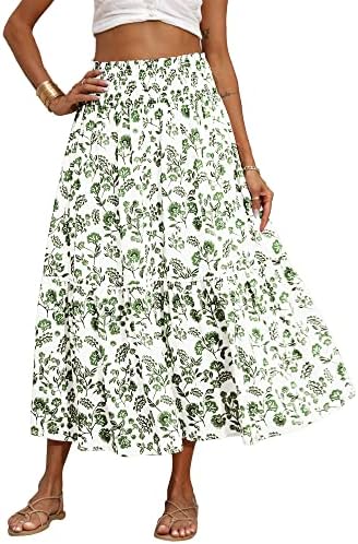 BTFBM Women 2024 Summer Spring Floral Long Skirts Casual Elastic High Waist Pleated Swing A Line Boho Beach Maxi Skirt