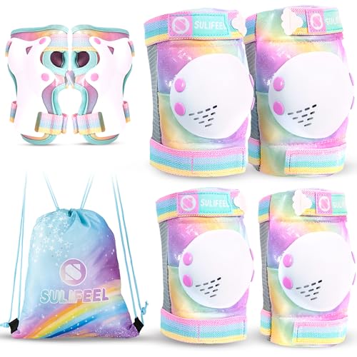 SULIFEEL Rainbow Unicorn Knee Pads for Kids Knee Elbow Pads Wrist Guards with Drawstring Bag Adjustable Protective Gear Set for Girls Roller Skating Bike Cycling Skateboard Scooter Dazzling Medium