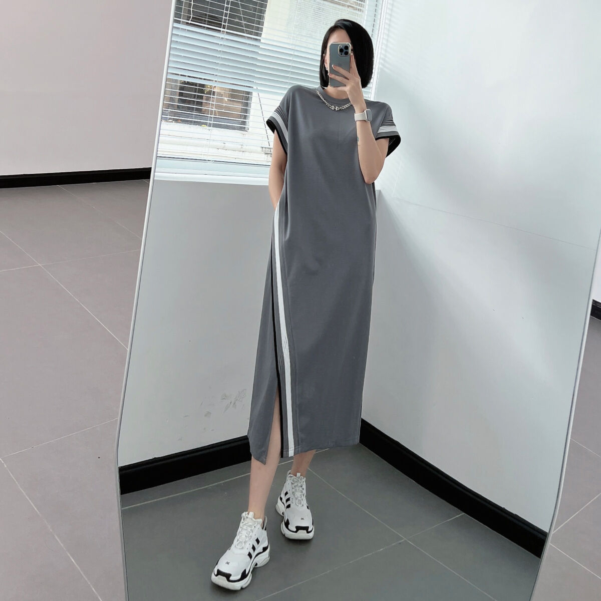 Summer Plus size women clothing Fat mm 1.00 Kg-150.00 kg Shoulder Dress Short sleeve Loose Slimming Belly Covering over the Knee Long Skirt