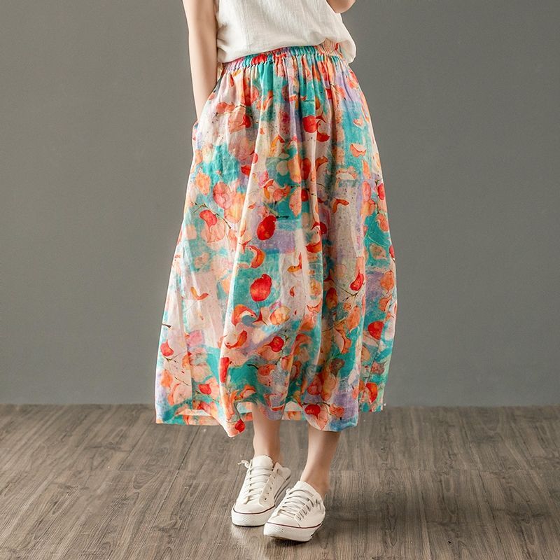 Women's Floral Skirt Casual Loose Slim A-Line Skirt Summer New Fashion Versatile Retro Skirt