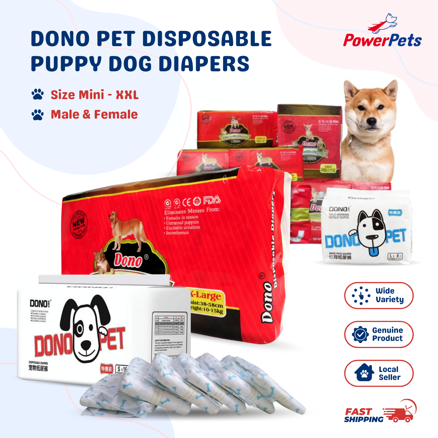 ? FREE WET WIPES ? Dono Pet Disposable and Economic Puppy Dog Diapers Male & Female - Absorbent Leak-Proof Belly Wraps