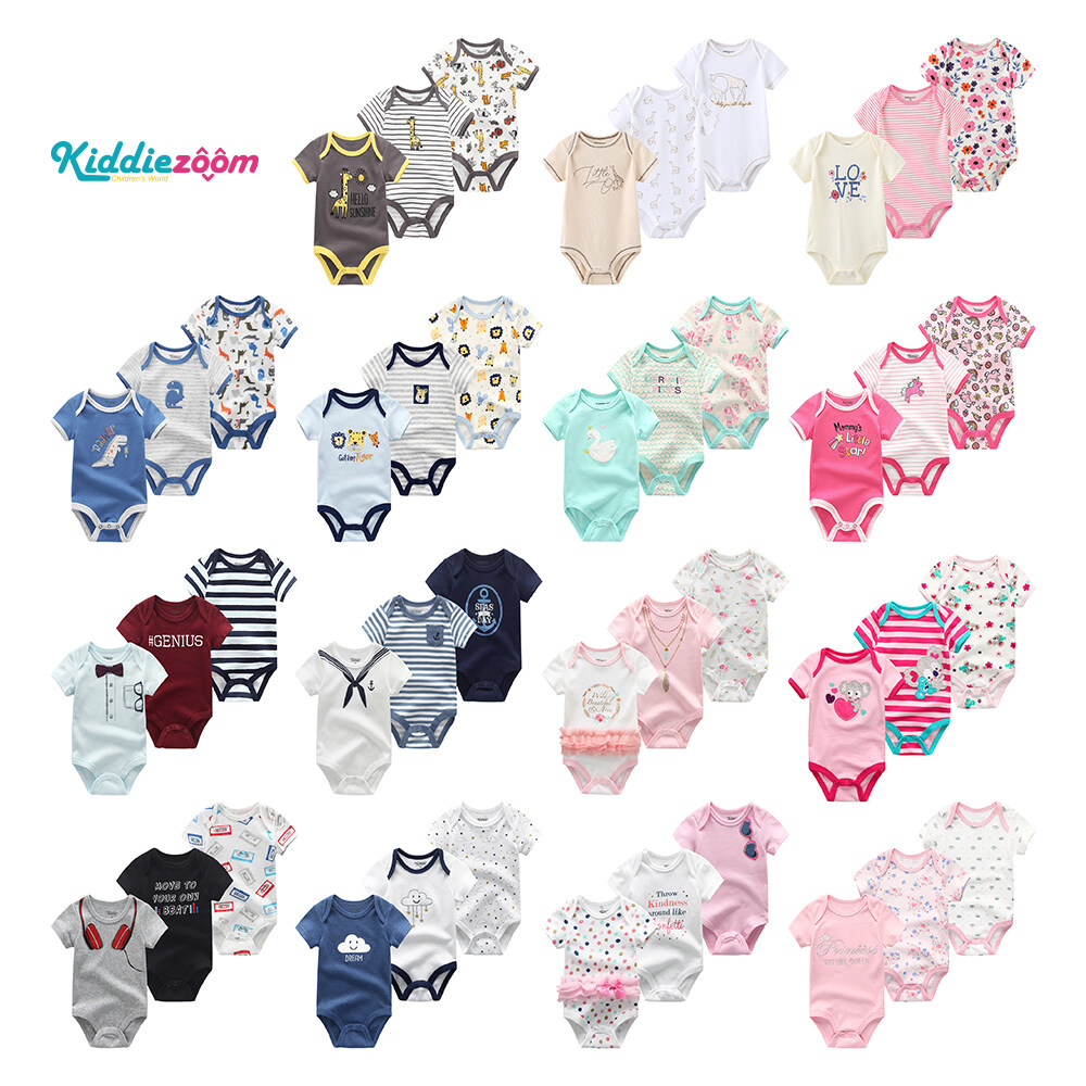 Kiddiezoom 100% Cotton Newborn Baby Romper 3PCS Short Sleeve 0-12 months Boy and Girl Baby Clothes
