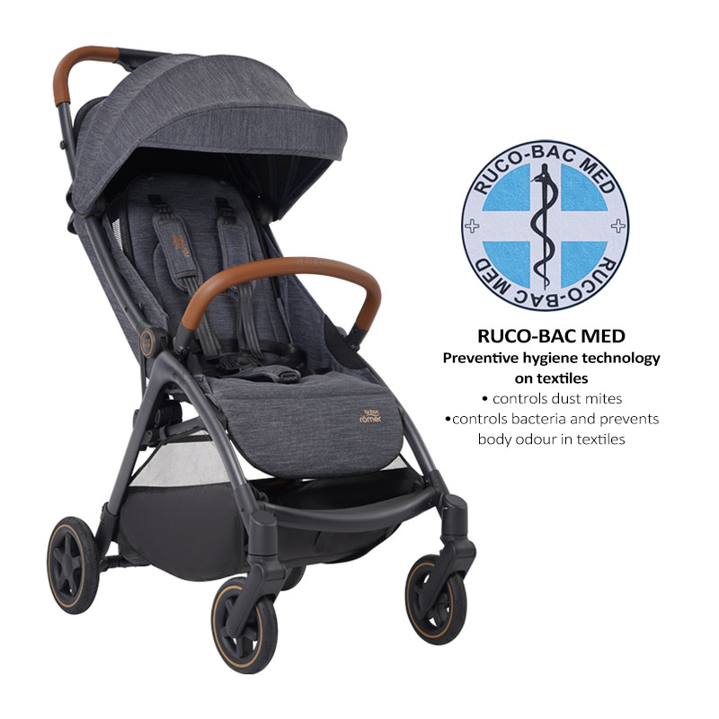Britax Gravity II Auto One-handed fold Stroller - Marble Blue | Controls dust mites, bacteria and prevents body odour textiles | Birth - 22kg / 4 years old | 1 year warranty