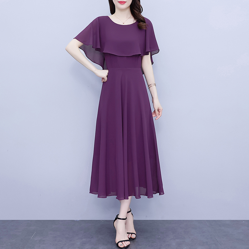 [Order 2 Pcs get random clothes]Impression Fashion Women Elegant Korean Chiffon Plain O-neck Short Sleeve Tunic High Waist A-line Plus Size Maxi Dress