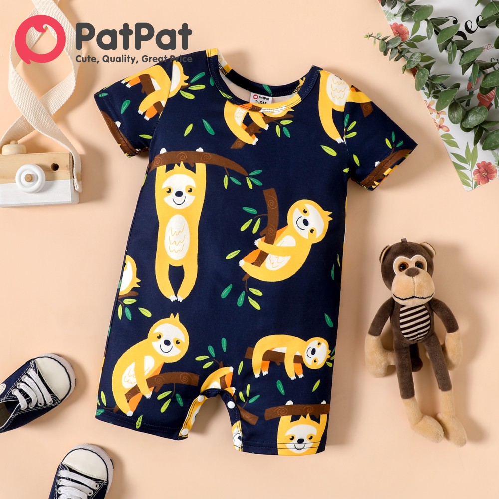 PatPat Baby Boy Jumpsuit Clothes All Over Cartoon Sloth Print Dark Blue Short-sleeve Romper
