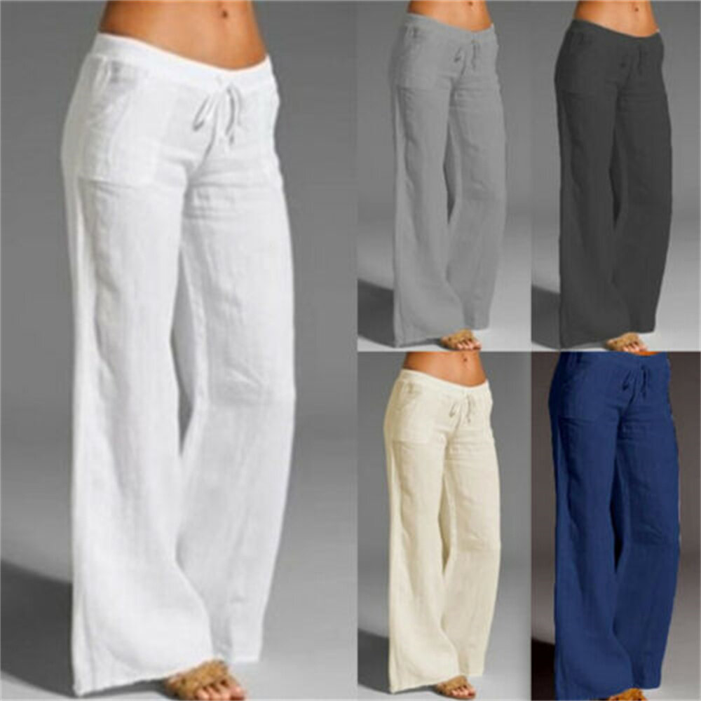 Linen Cotton Flare Casual Pants Big Pocket Wide Women's High