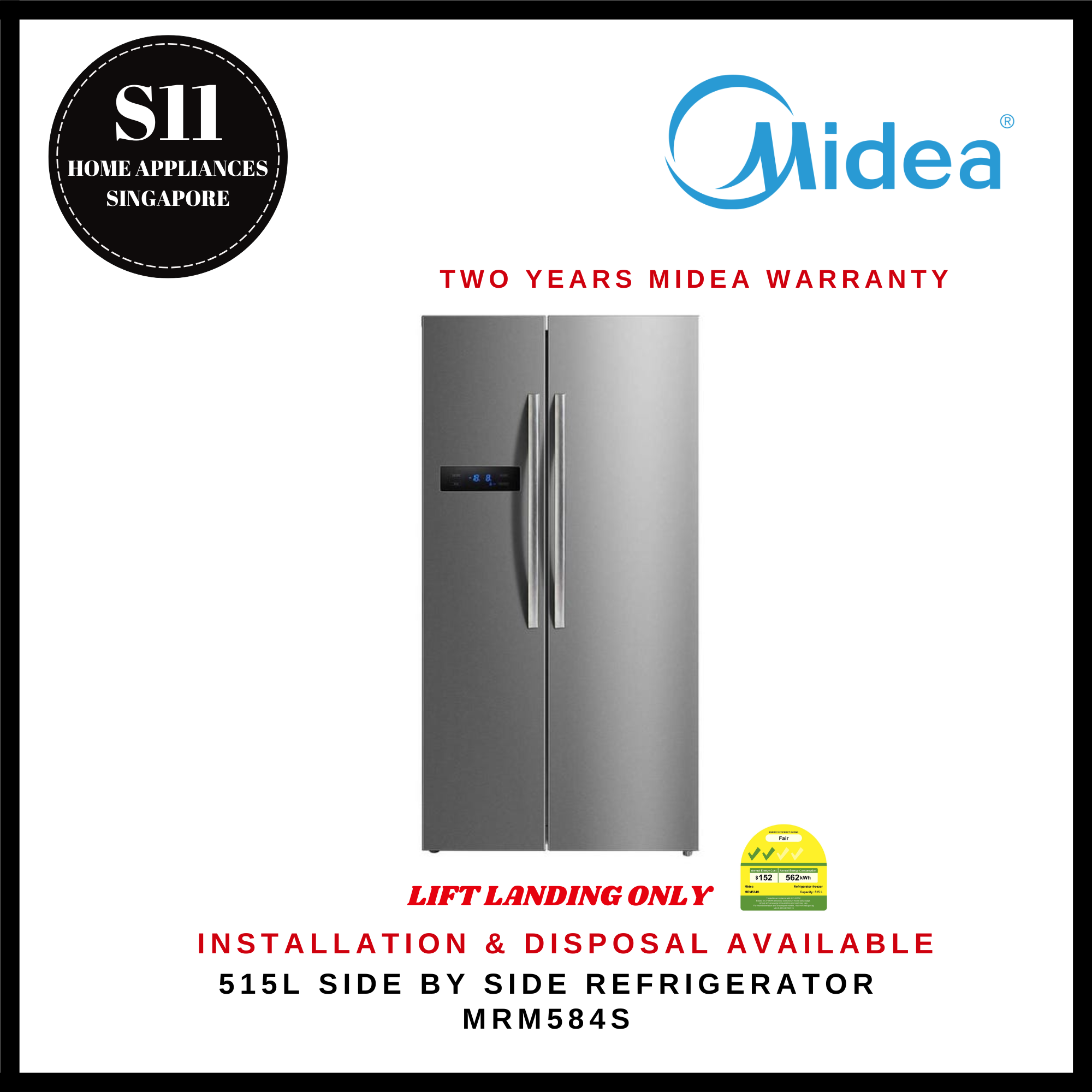 MIDEA MRM584S 515L SIDE BY SIDE REFRIGERATOR - 2 YEARS MANUFACTURER WARRANTY [READY STOCK & DELIVER WITHIN 3 DAYS]