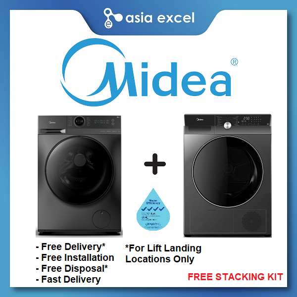 MIDEA MF200W95B 9.5KG INVERTER FRONT LOAD WASHING MACHINE + MIDEA MDK1088HP 10KG GREY FRONT LOAD HEAT PUMP DRYER